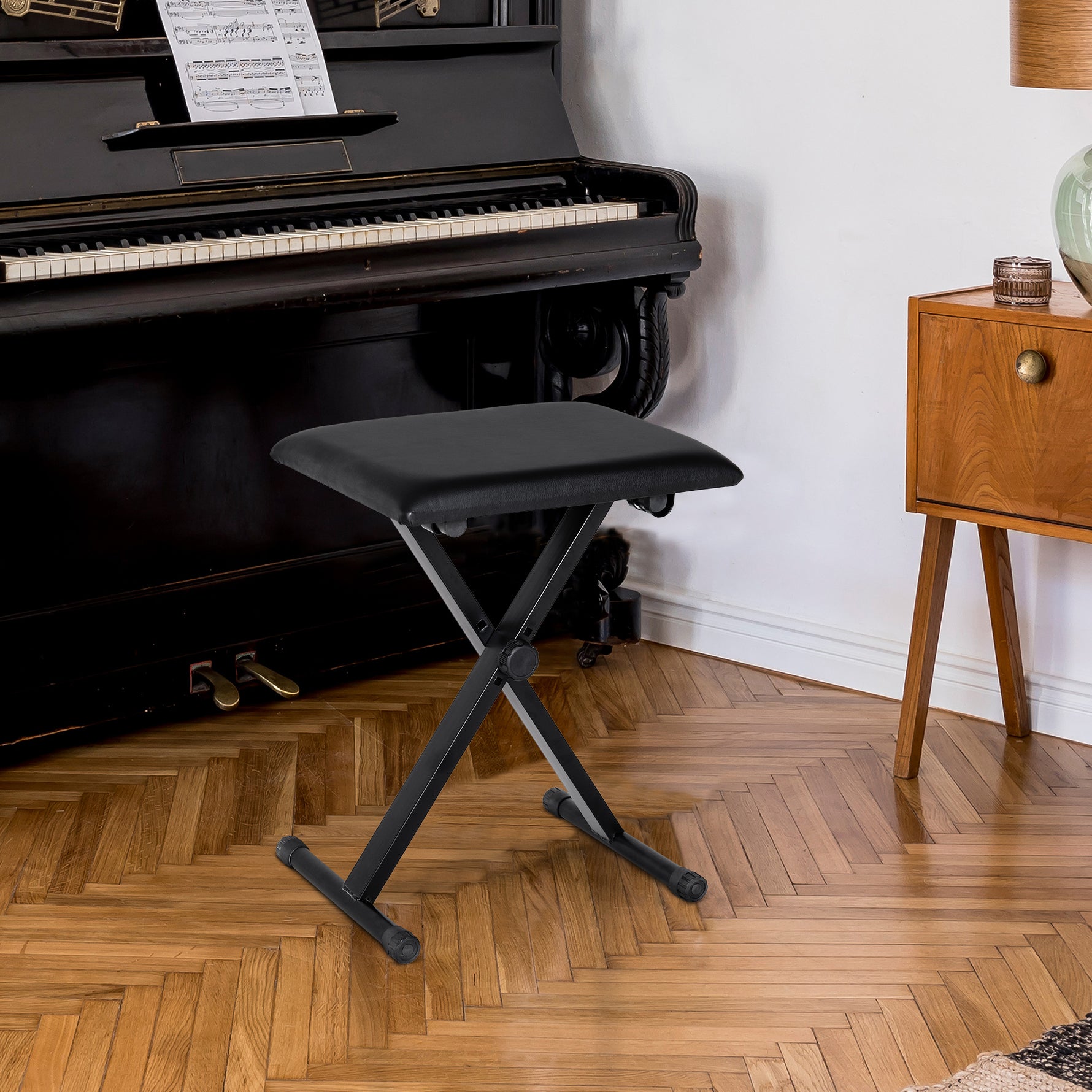 Tabouret piano pliable, banc piano réglable en hauteur de 37 à 47 cm, siège rembourré en PU et pieds en métal antidérapants, charge 100 kg, noir