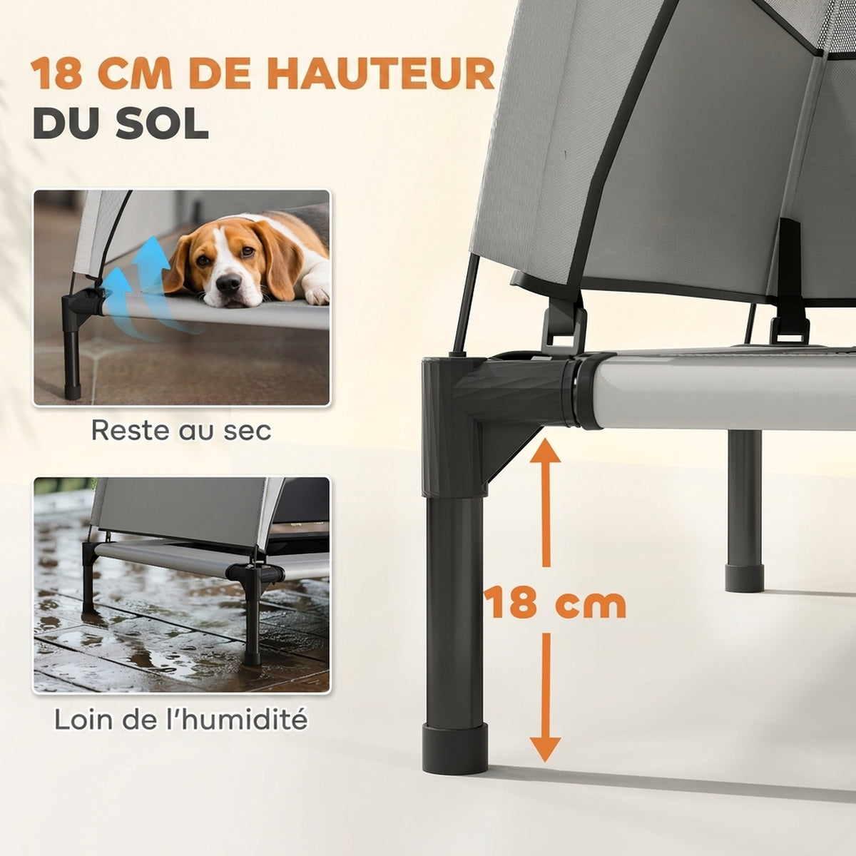 Lit pour Chien Surélevé Tente pour Chien avec Auvent Tente 3 Côtés Respirant Textilène Sac 76x61x70cm Gris Clair