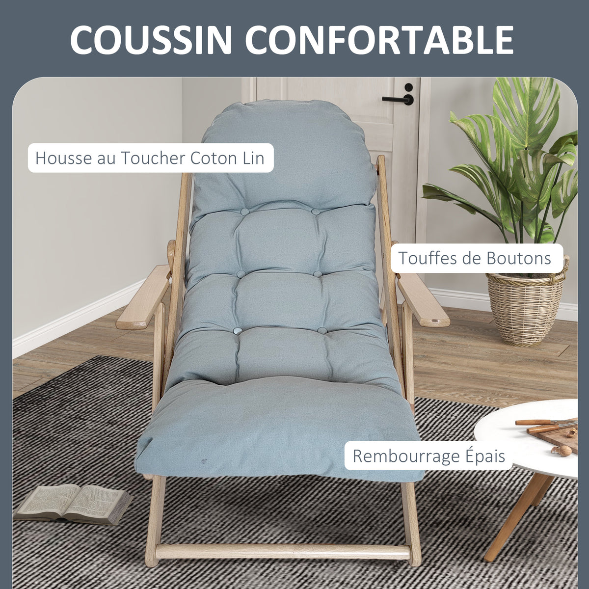 Fauteuil Chaise de Salon Pliable et inclinable en Bois Fauteuil Relax Confortable avec Coussin capitonné épais