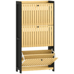 Meuble à chaussures 18 paires avec 3 tiroirs rabattables, portes en bambou à lattes, 60x24x118cm, noir et bois naturel