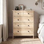 Commode meuble de rangement 5 tiroirs pour chambre, bureau, entrée, chêne et poignée métal noir