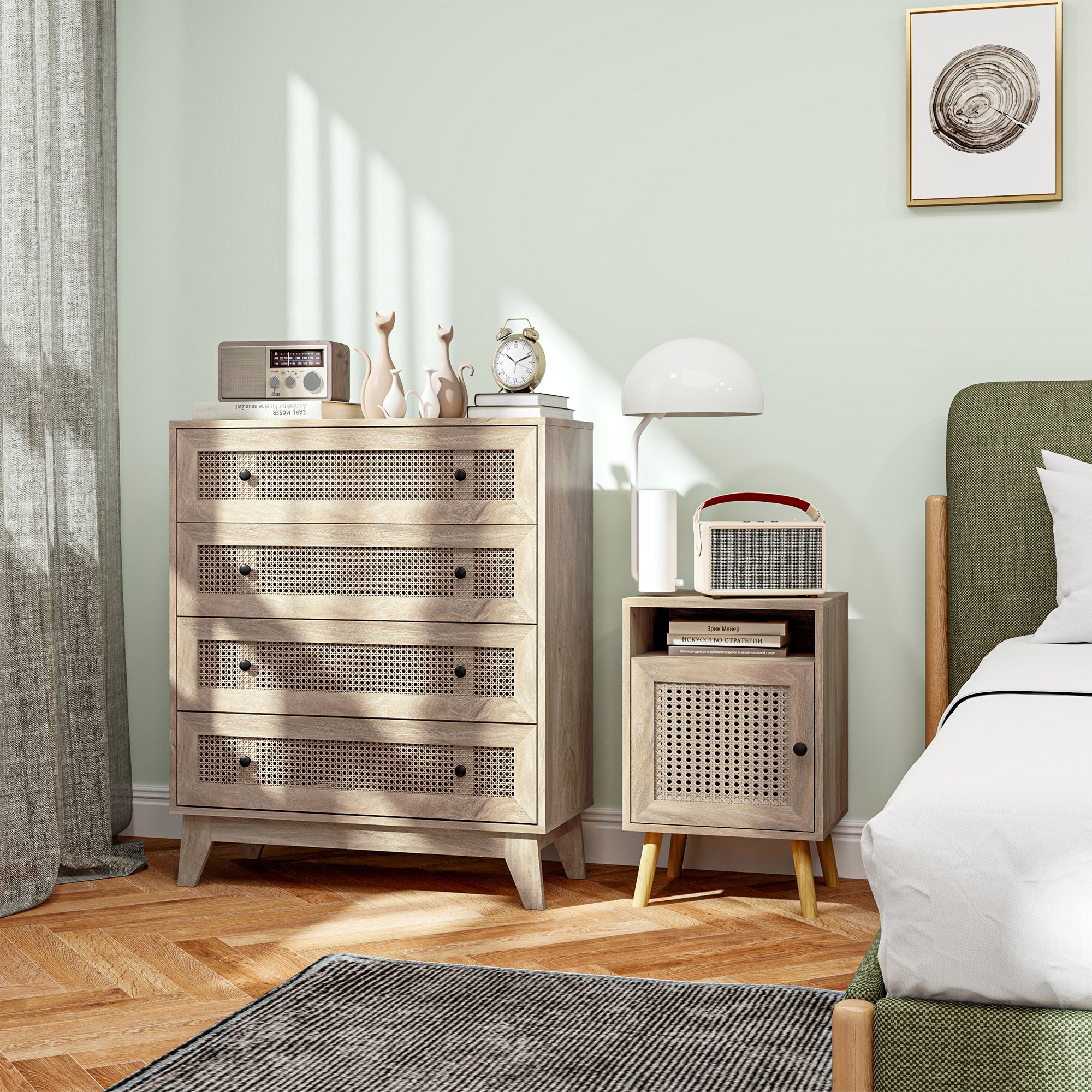 Kommode mit 4 Schubladen Aufbewahrungsmöbel Rattan-Geflecht helle Holzoptik 80 x 35 x 95 cm