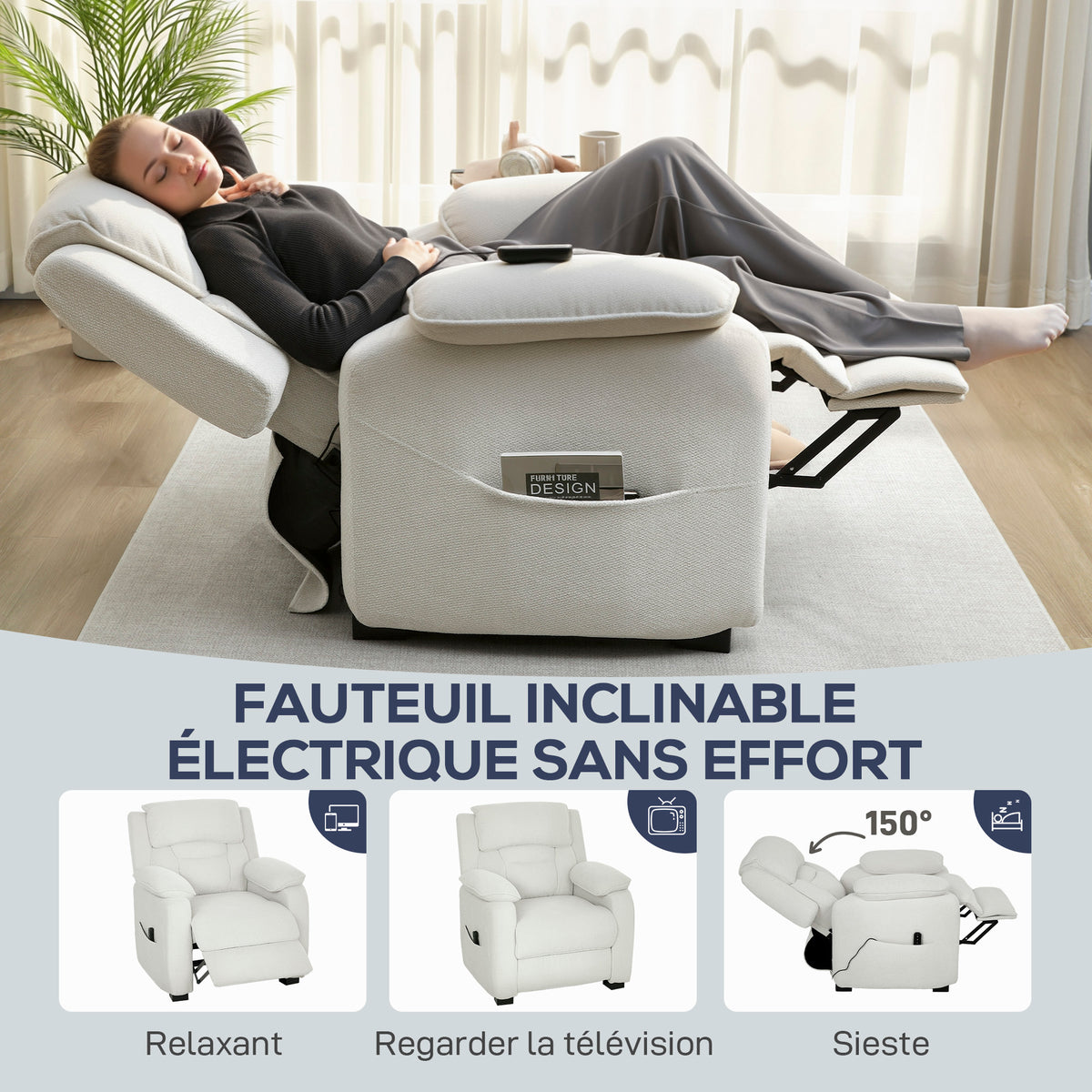 Fauteuil relax électrique fauteuil inclinable port USB repose-pieds poches latérales télécommande 86x90x103cm crème