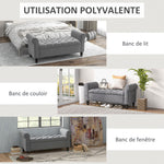 Banc de rangement bout de lit avec accoudoirs, tissu effet velours rembourré et capitonné, 126 x 48,5 x 57 cm, gris