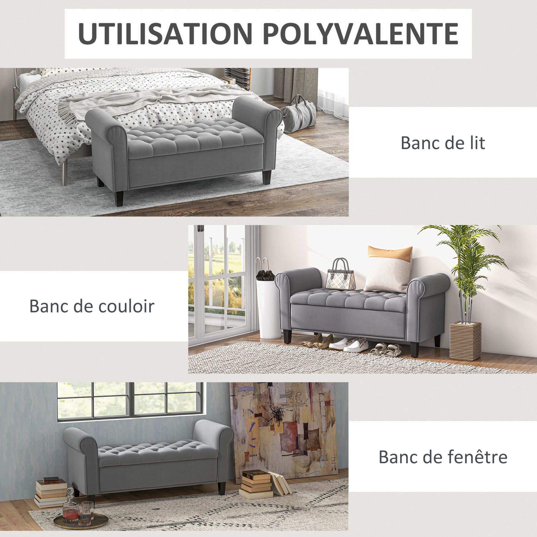 Banc de rangement bout de lit avec accoudoirs, tissu effet velours rembourré et capitonné, 126 x 48,5 x 57 cm, gris