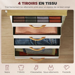 Commode 4 tiroirs en tissu, meuble de rangement avec 4 poches, 2 crochets, structure en acier, 45 x 30 x 94,5 cm, beige