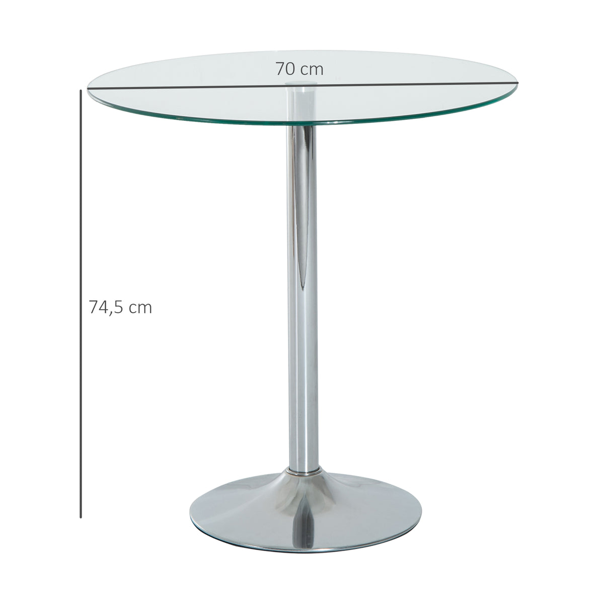 Ronde eettafel voor 2 personen, moderne keukentafel met blad van gehard glas en stalen onderstel, zilverkleurig