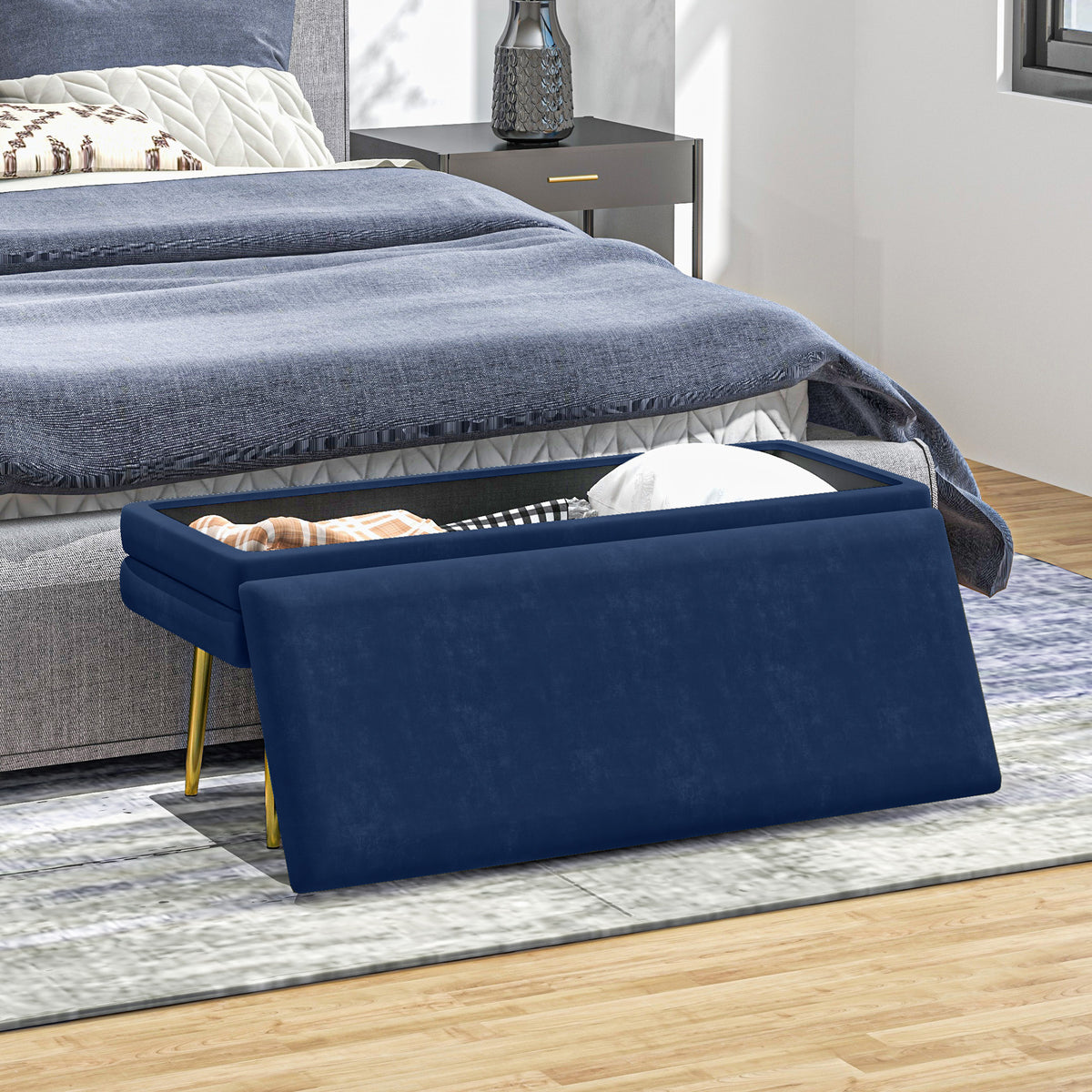 Banc banquette coffre de rangement 2 en 1 assise aspect velours et pieds acier - 100 x 37,5 x 42 cm bleu et doré