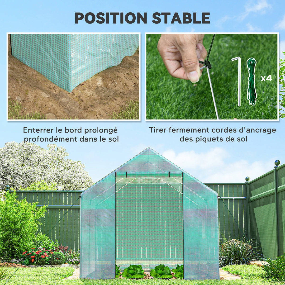 Serre de jardin tunnel 2 x 3m, 6m² avec porte enroulable, 4 fenêtres, - Acier galvanisé PE Haute densité Vert