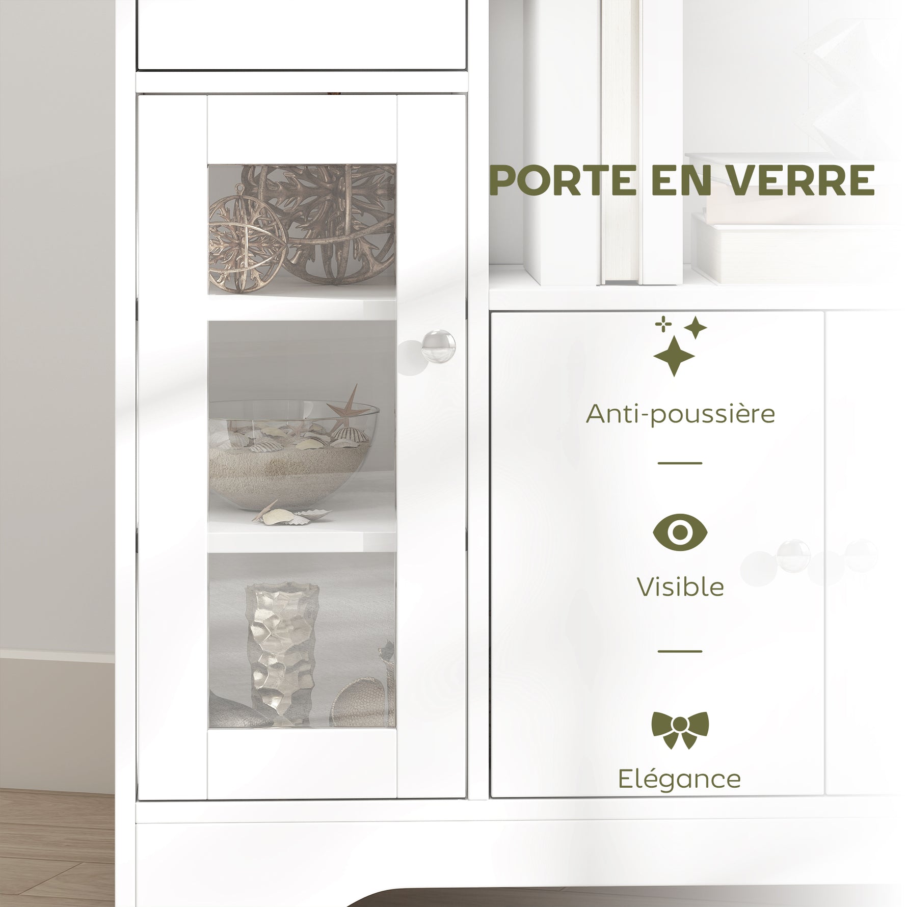 Buffet de cuisine moderne avec porte en verre, tiroir, grande niche et étagères réglables 80 x 30 x 82 cm blanc
