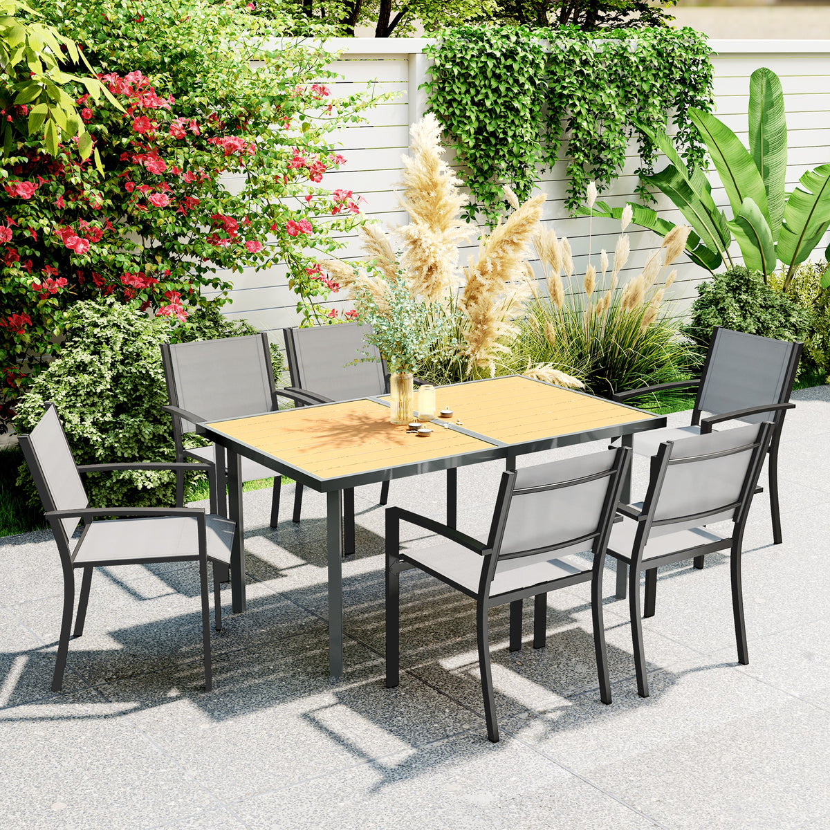 Table à manger de jardin pour 6 personnes table de jardin avec plateau effet bois en acier 150 x 90 x 72 cm bois naturel
