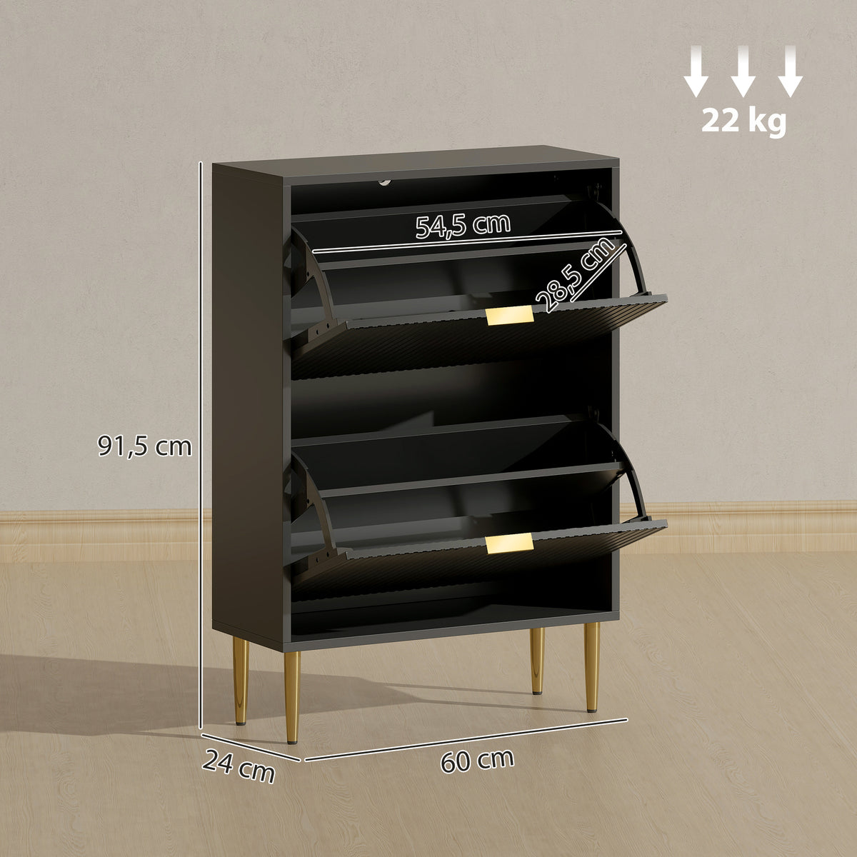Meuble à chaussures 12 paires avec 2 tiroirs rabattables, portes cannelées et étagères réglables, 60x24x91,5cm, noir