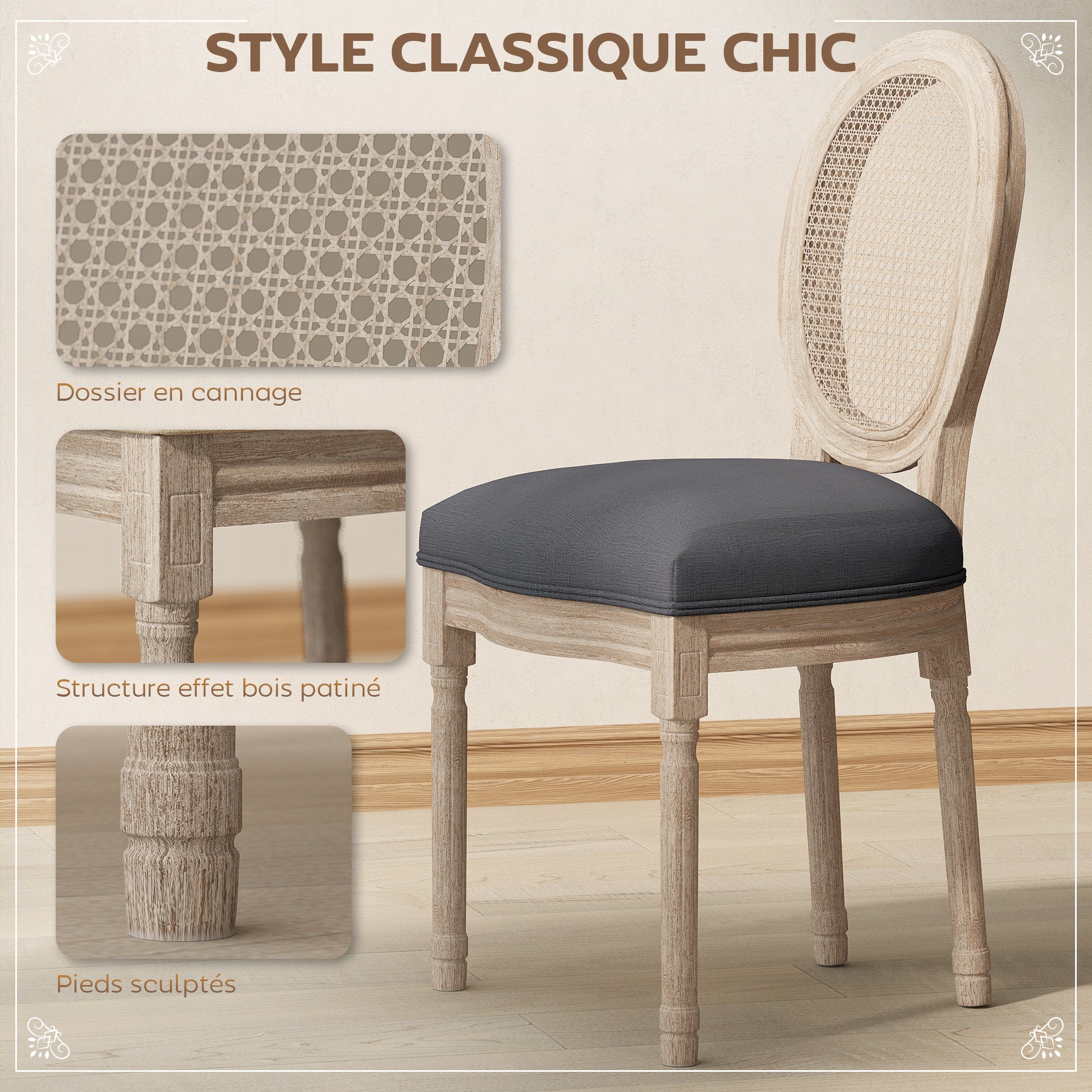 Lot de 2 chaises de Salle à Manger - Chaise de Salon médaillon Style Louis XVI - Bois Massif sculpté, patiné
