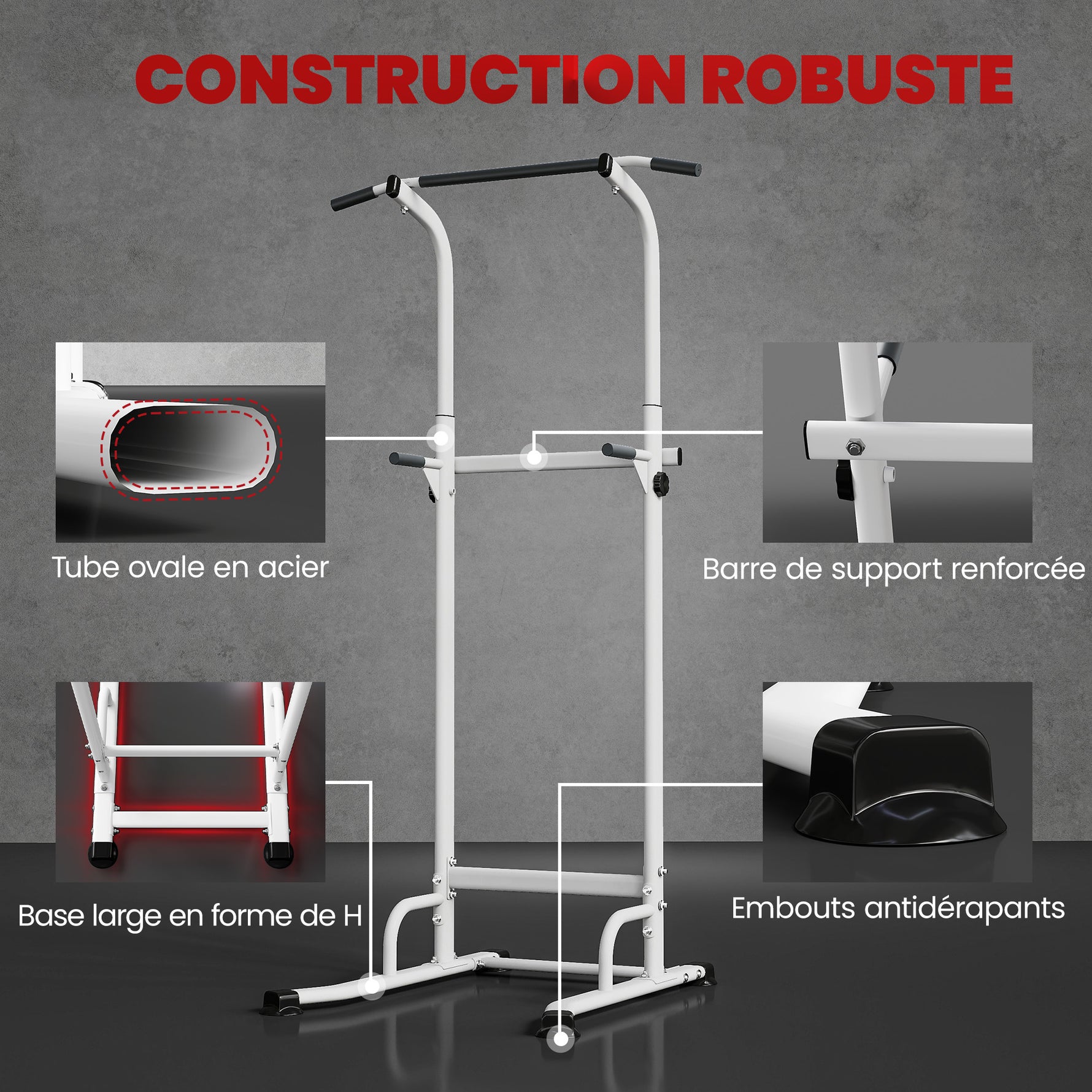 Power tower dip barre de traction autoportante réglable en hauteur cadre acier 91,5 x 97,5 x 176,5-227 cm pour la maison