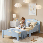 Lit Enfant 70 x 140 cm, Lit pour Enfant avec Barrière de Sécurité et Sommier à Lattes en Bois, Motif Nuage, Bleu