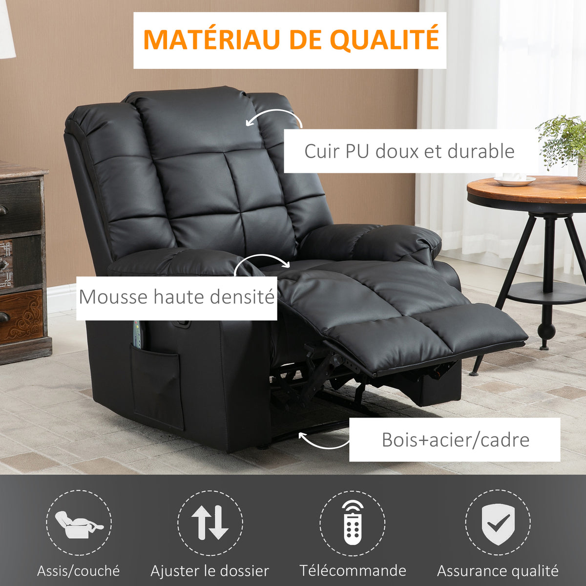 Fauteuil de massage fauteuil de relaxation massant avec dossier inclinable manuellement et repose-pied chaise TV
