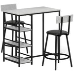 Ensemble table de bar avec 2 tabourets et étagères de rangement pour salle à manger, cuisine, gris et noir