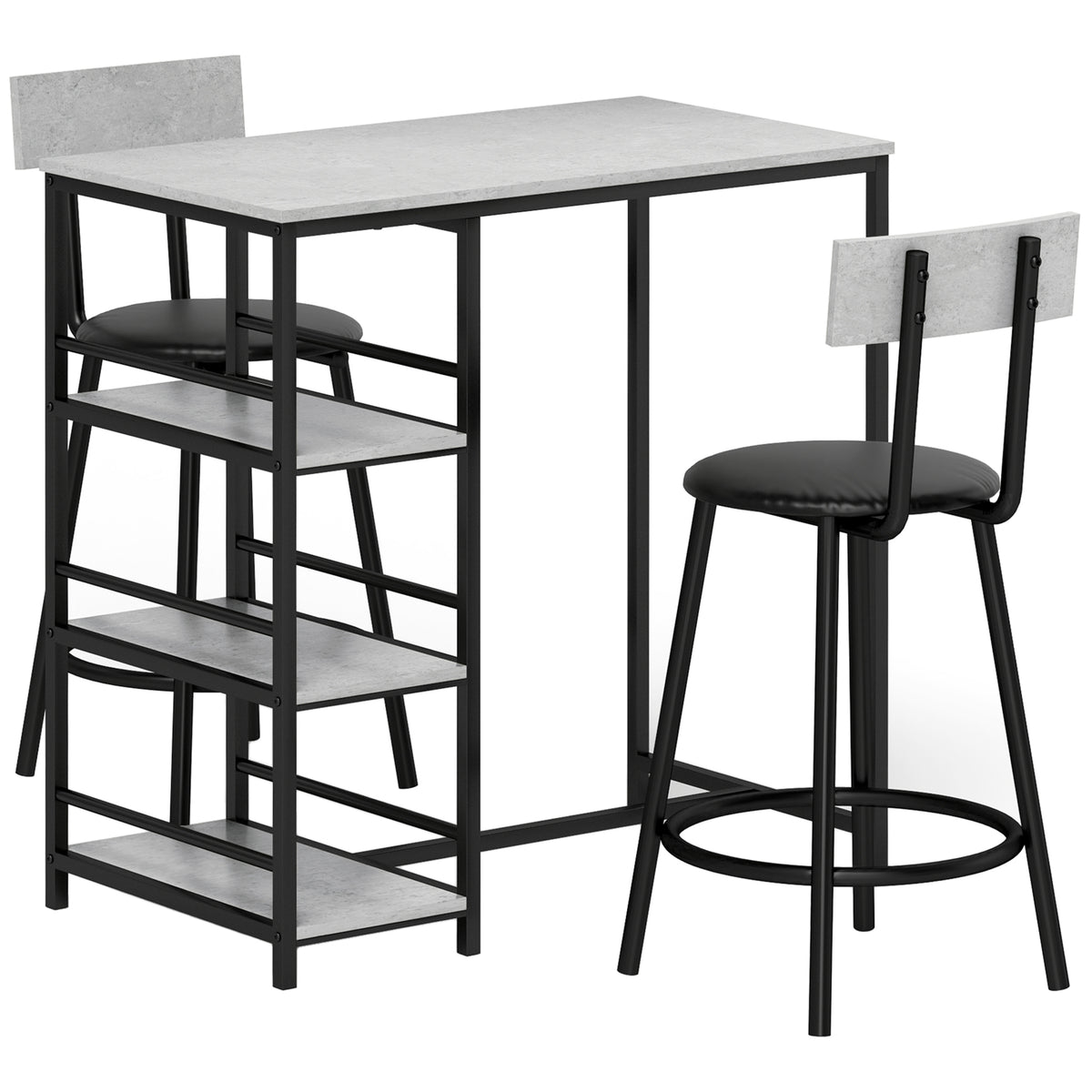 Ensemble table de bar avec 2 tabourets et étagères de rangement pour salle à manger, cuisine, gris et noir