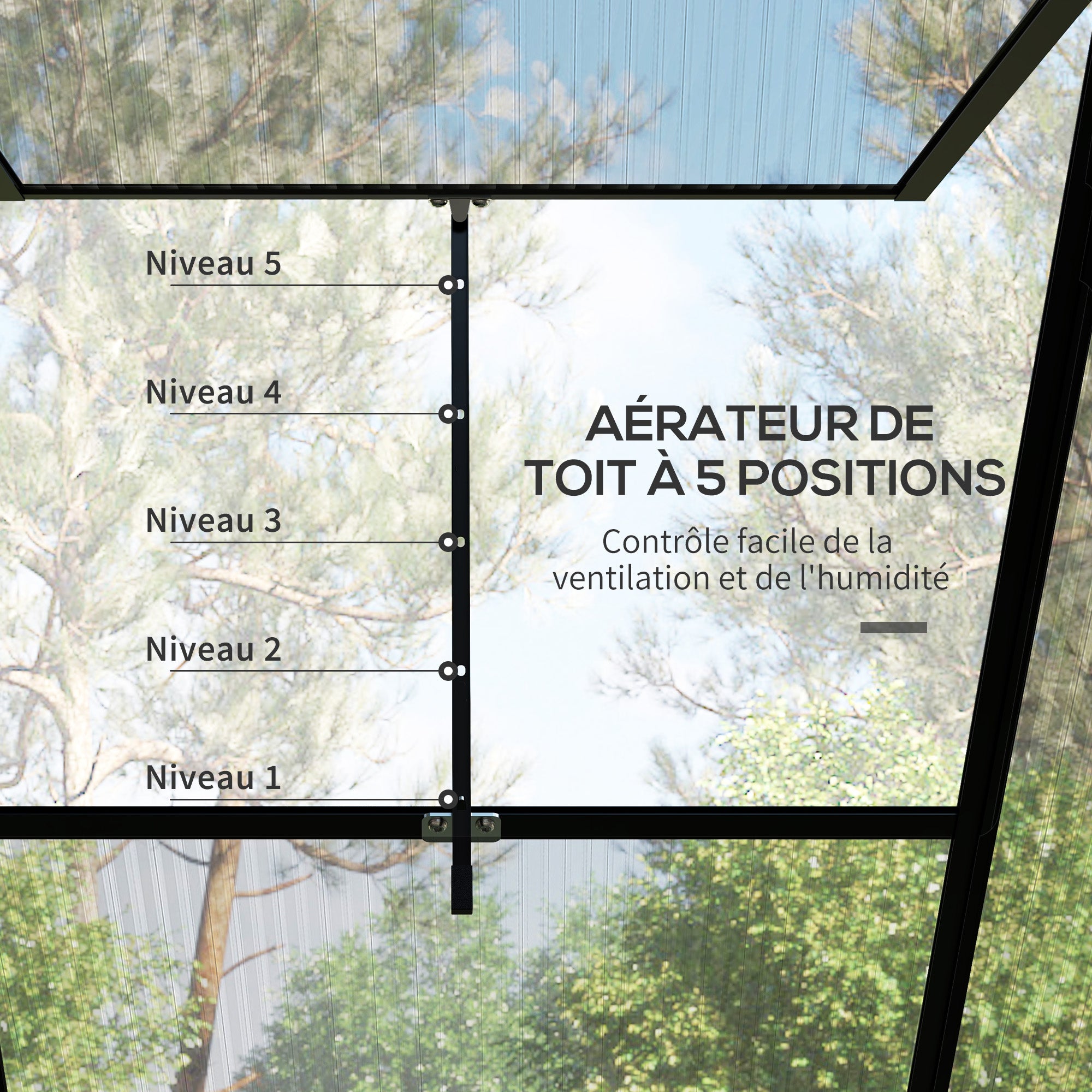 Serre adossée, serre de jardin polycarbonate, avec porte coulissante, évent de toit, fondation, 127 x 253 x 240 cm noir