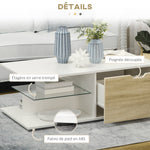 Table basse rectangulaire design contemporain 2 tiroirs 2 niches étagère verre trempé panneaux blanc aspect chêne clair