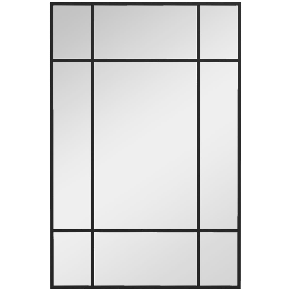 Miroir mural verrière rectangulaire style fenêtre, horizontal ou vertical avec 4 crochets, en métal noir - 90x60 cm