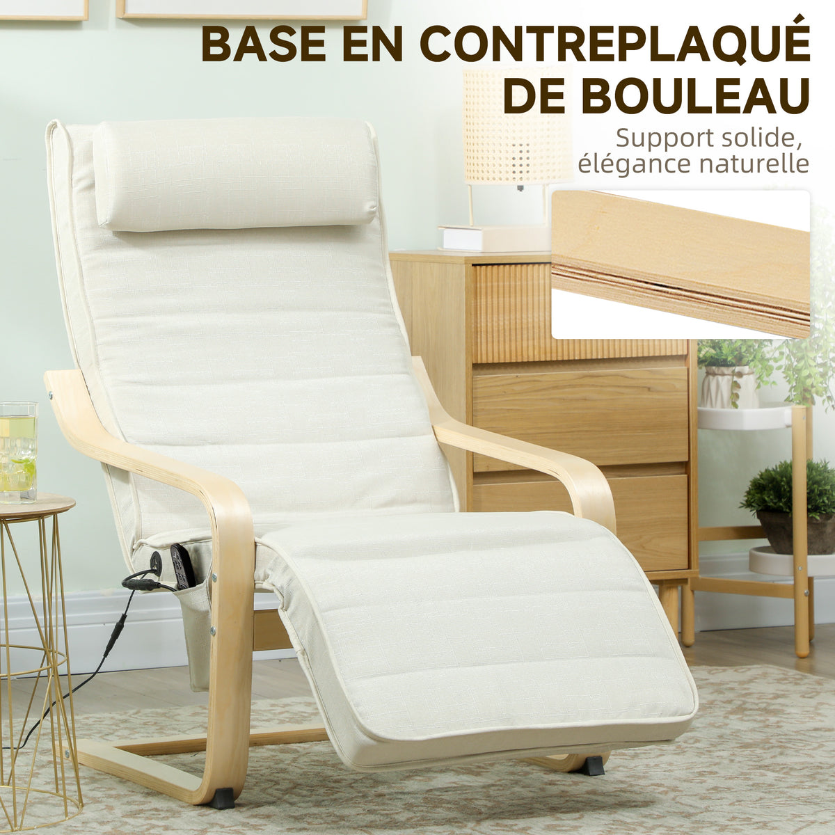 Fauteuil de salon fauteuil relax massant et chauffant dossier haut, appui-tête et repose-pieds, 67 x 95 x 101 cm, crème
