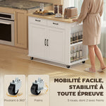 Îlot de Cuisine avec Station de Charge, Chariot de Cuisine à Roulettes avec Plan de Travail Rabattable, 2 Tiroirs, Blanc