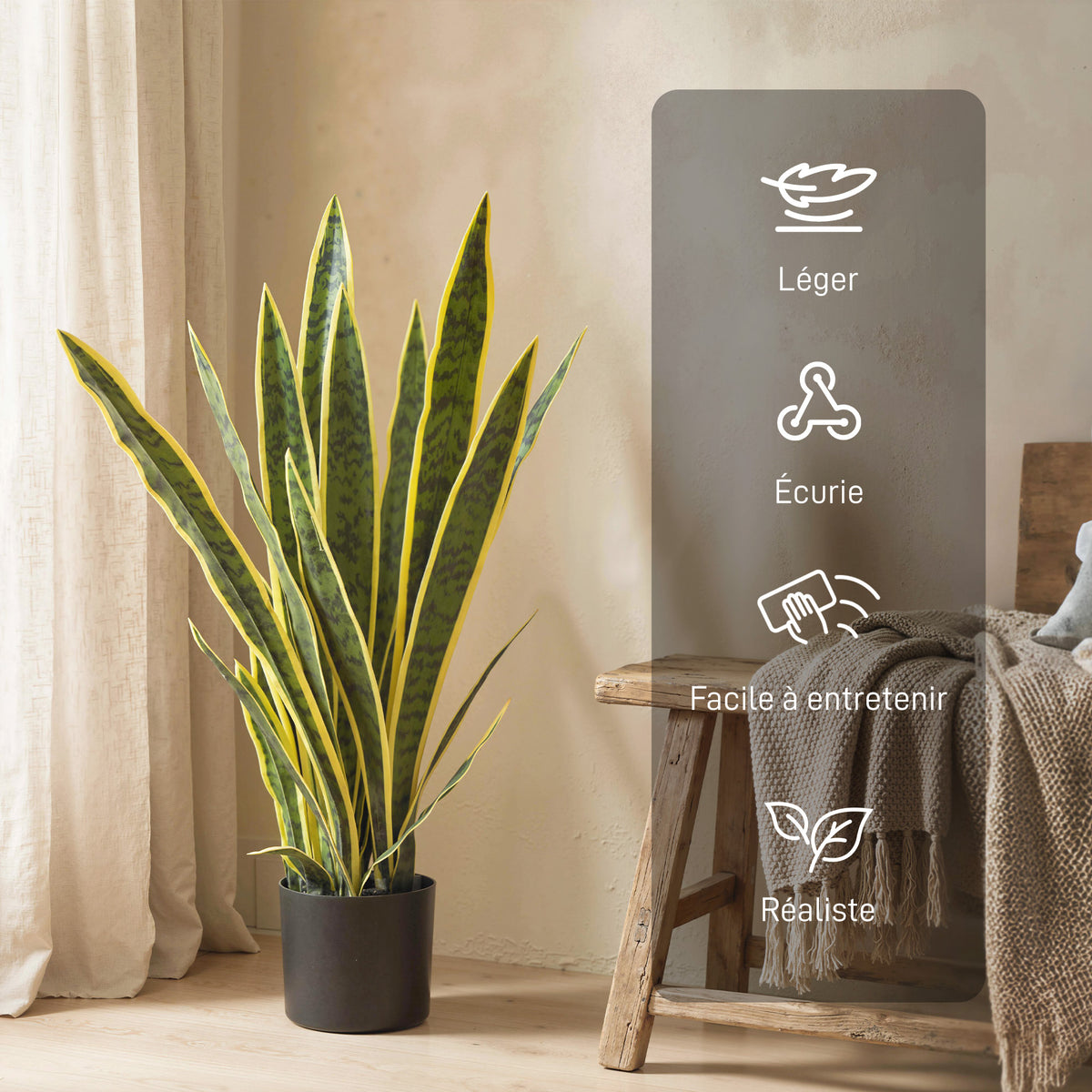 Plante Artificielle Sansevieria 77 cm avec 21 Feuilles Ajustables et Pot, Facile à Nettoyer, pour Bureau, Chambre, Vert