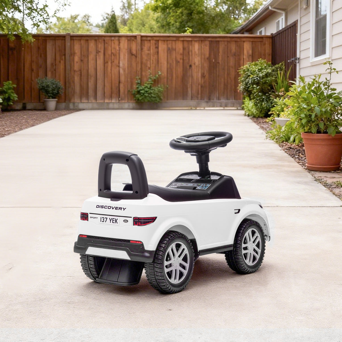 Porteur enfants voiture sous licence Land Rover, véhicule à pousser, klaxon, sons de moteur, rangement sous siège, blanc