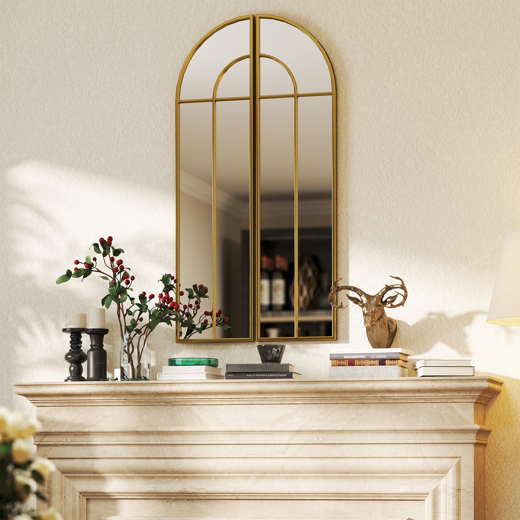 Miroir mural arc 30 x 120 cm, grand miroir décoratif avec cadre métallique, pour salon, chambre, couloir, ton doré
