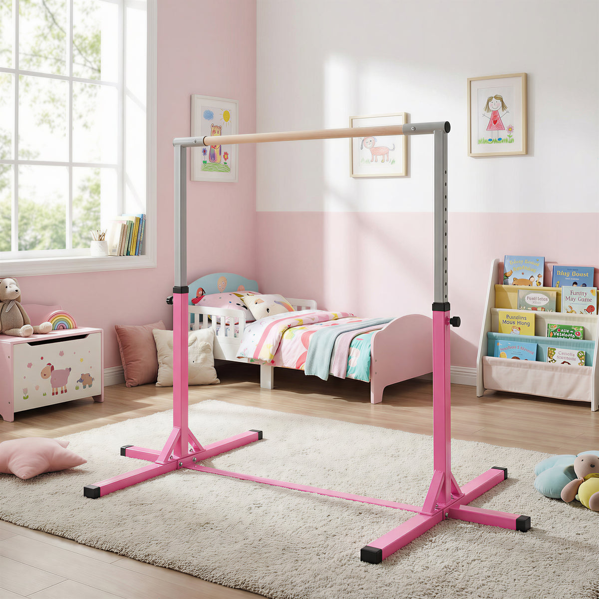 Barre Fixe de Gymnastique pour Enfant, Hauteur Réglable sur 13 Niveaux de 92-150 cm, en Acier et Bois de Hêtre, Barre de Gym d'Entraînement à Domicile, Antidérapant, Facile à Assembler, Rose