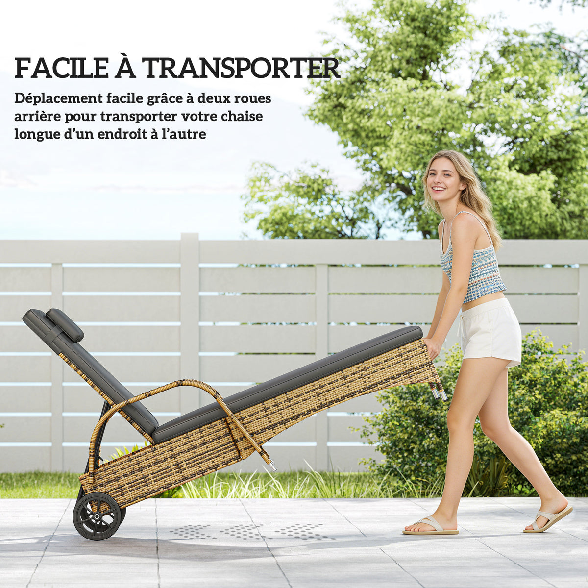 Transat bain de soleil matelas inclinaison réglable multipositions accoudoirs roulettes 200 x 73 x 30-103 cm jaune