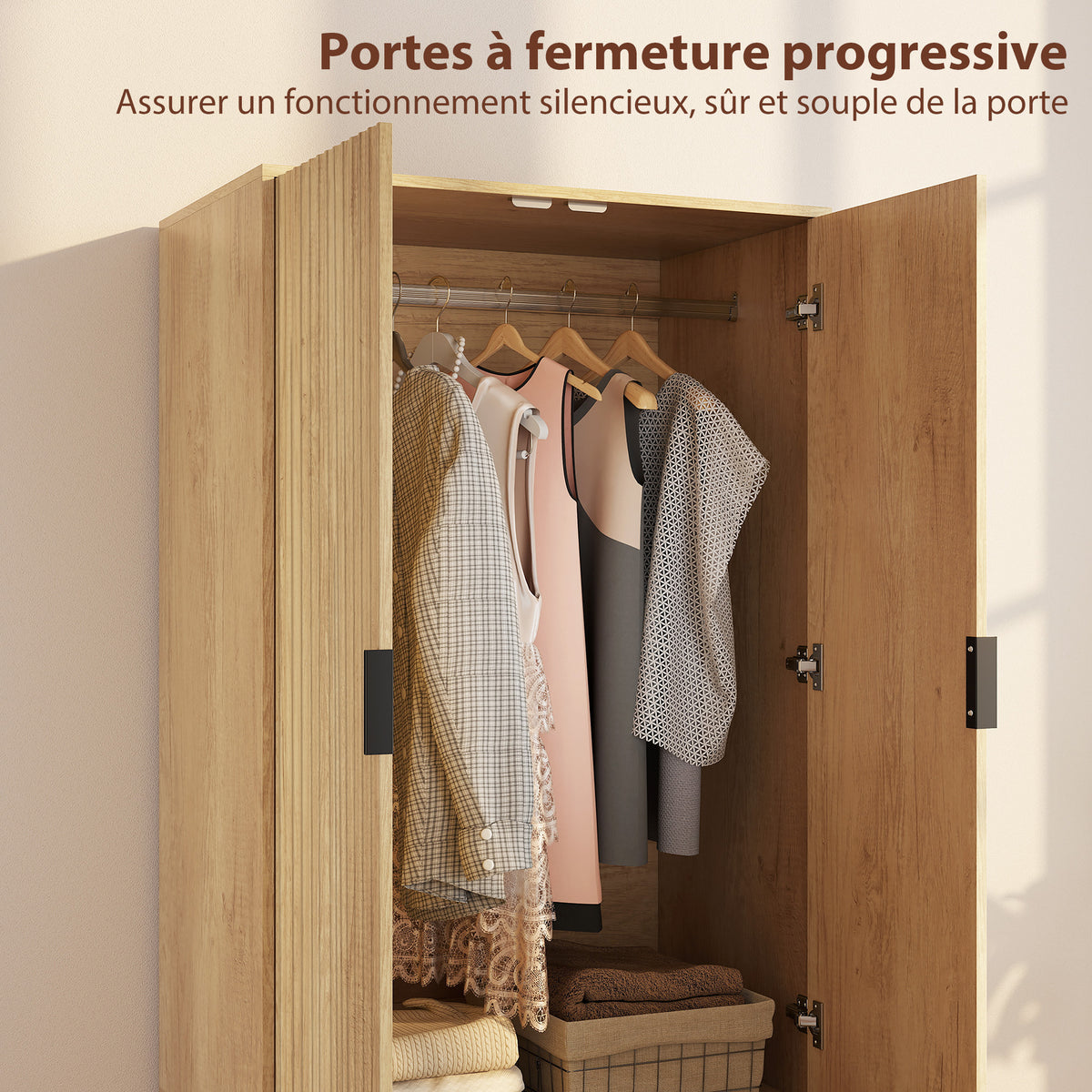 Armoire chambre penderie avec 2 portes à fermeture douce, 2 tiroirs et barre de suspension, 80x50x180cm, bois naturel