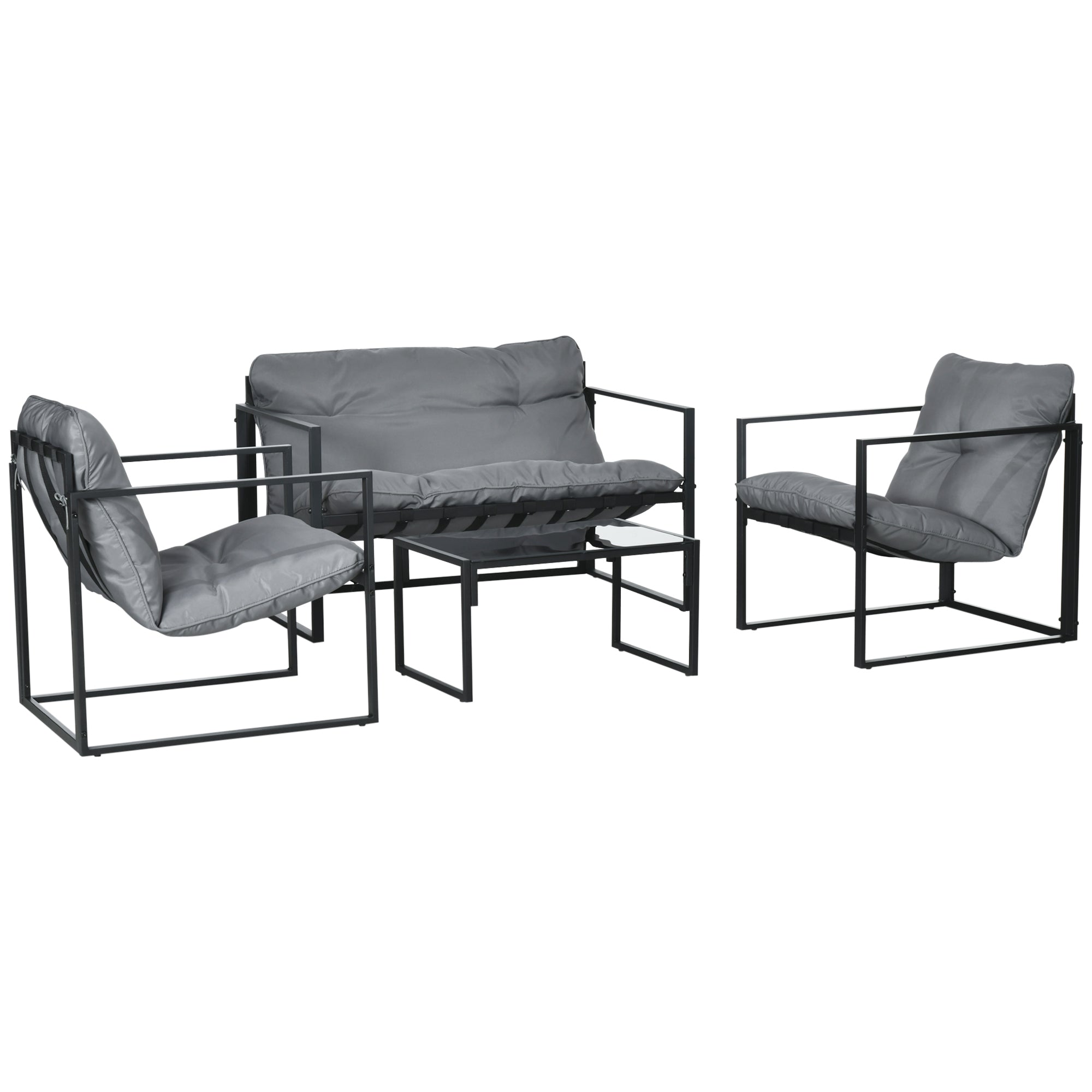 Salon de jardin 4 pièces 4 personnes avec canapé 2 places, 2 fauteuils et 1 table basse gris