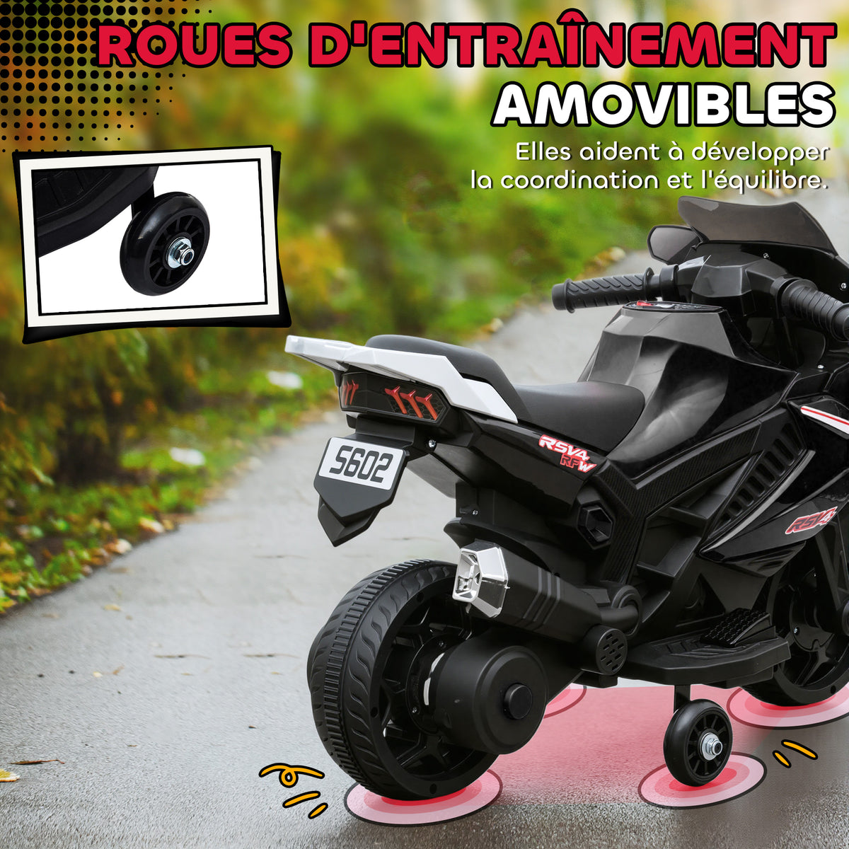 Moto électrique enfants, moto à batterie 6 V avec effets lumineux et sonores, roues d'entraînement, 75x36x49cm, noir