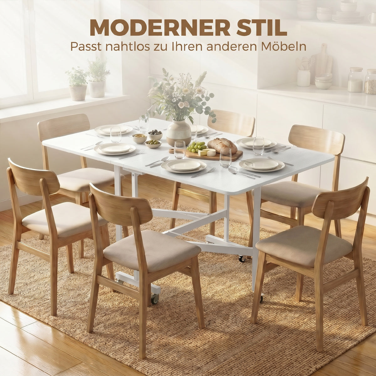 Mesa de Comedor Plegable con Ruedas para 4-6 Personas 120 cm, Ruedas con Frenos, 2 Abatibles, Estilo Industrial, Blanco