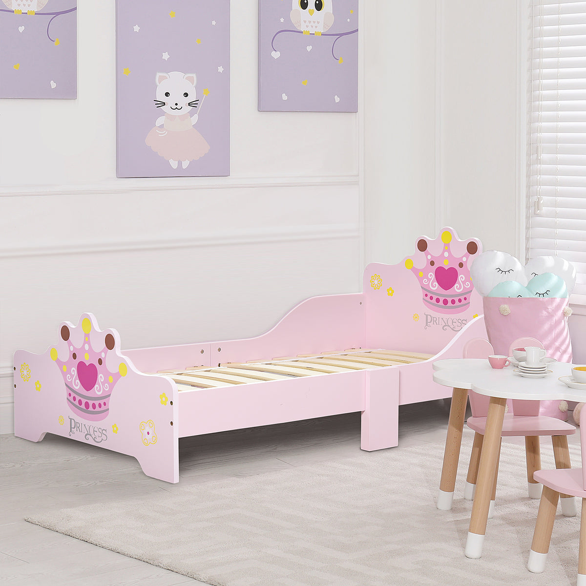 Kinderbett 140 x 70 cm – Kinderbett im Prinzessinnen-Design mit Kronenmotiv – Lattenrost inklusive – MDF-Sperrholz, rosa