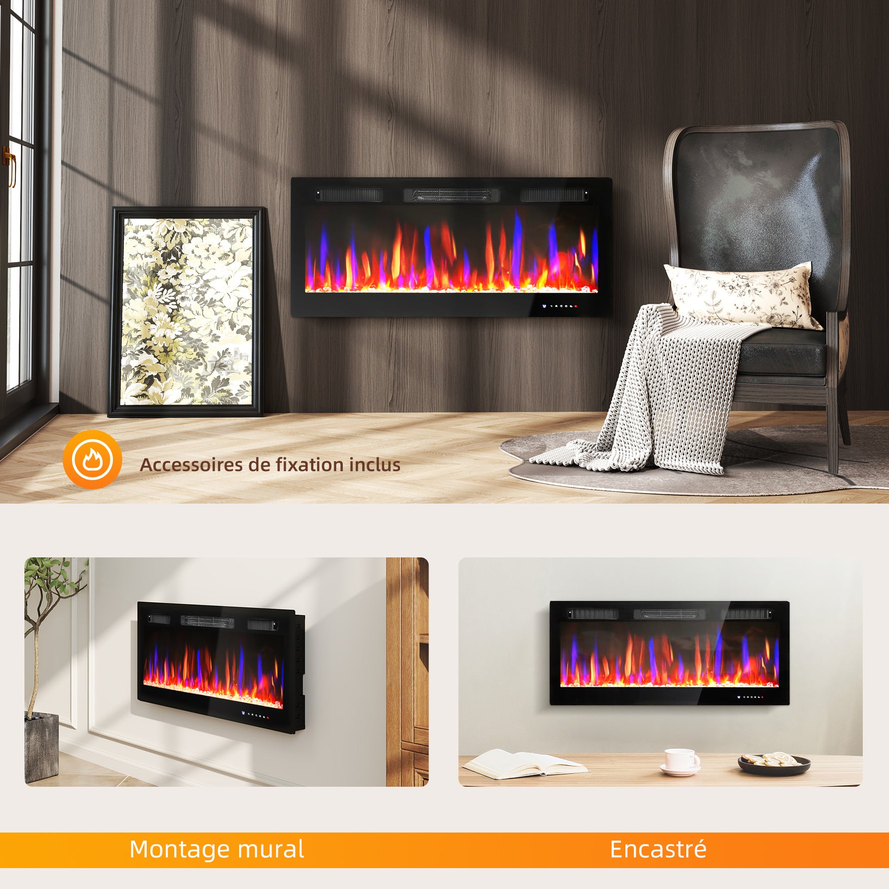 Cheminée électrique mural ou encastrable 900W/1800W, effet flamme à 12 couleurs 5 luminosités, 106,7x9,4x47cm, noir