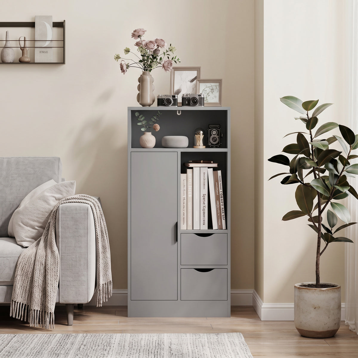 Mobiletto da bagno, mobile contenitore stretto con 2 cassetti, scomparti a giorno, 50x25x100 cm, grigio