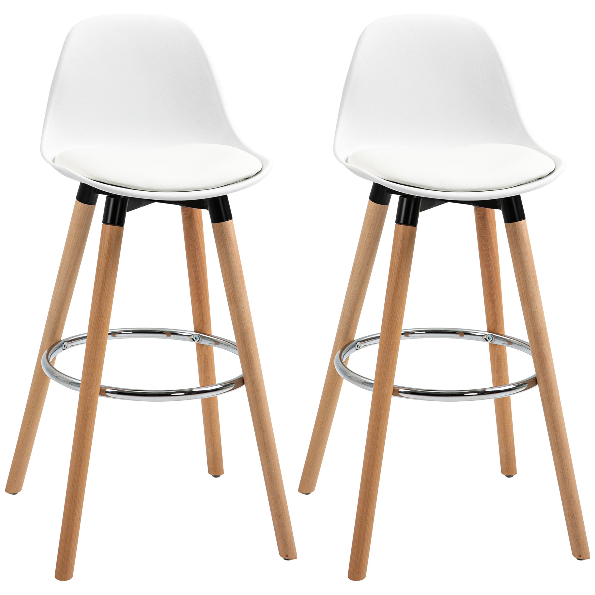 Lot de 2 tabourets de bar, chaises de bar en PU avec dossier et repose-pieds, assise rembourrée 69 cm, pieds en bois, style moderne, tabourets hauts pour cuisine, salle à manger, salon, blanc