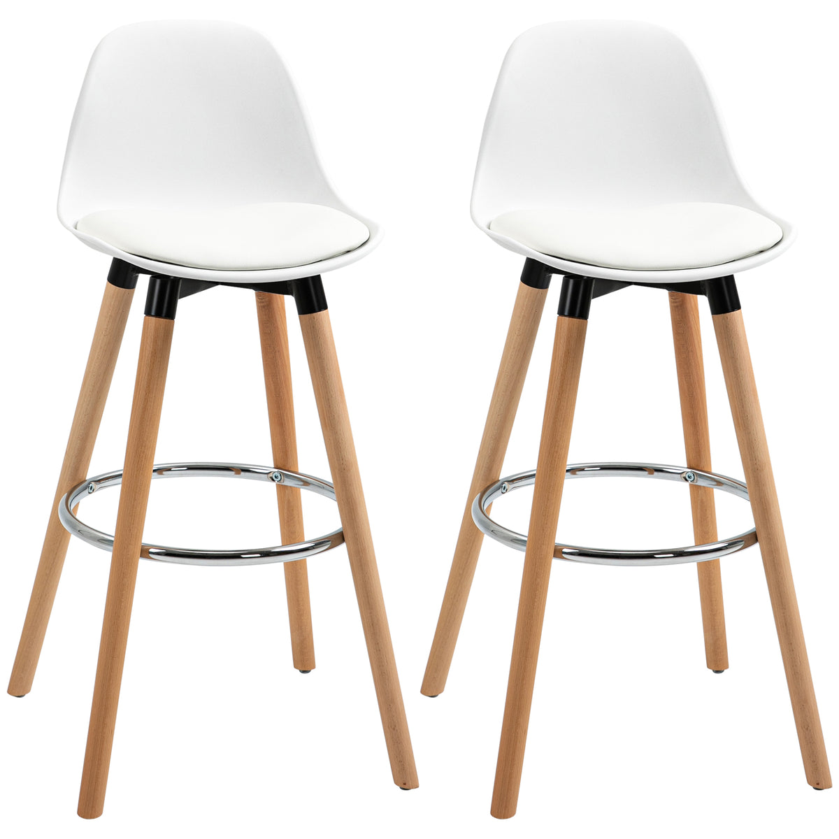Lot de 2 tabourets de bar, chaises de bar en PU avec dossier et repose-pieds, assise rembourrée 69 cm, pieds en bois, style moderne, tabourets hauts pour cuisine, salle à manger, salon, blanc