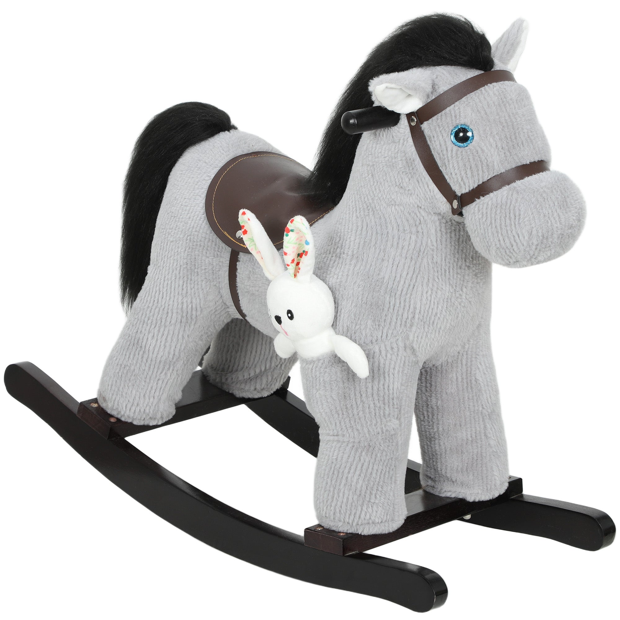 Cheval à bascule pour enfants, jouet à bascule bébé en peluche avec eouetffet sonore et poupée, 71 x 26 x 55 cm, gris