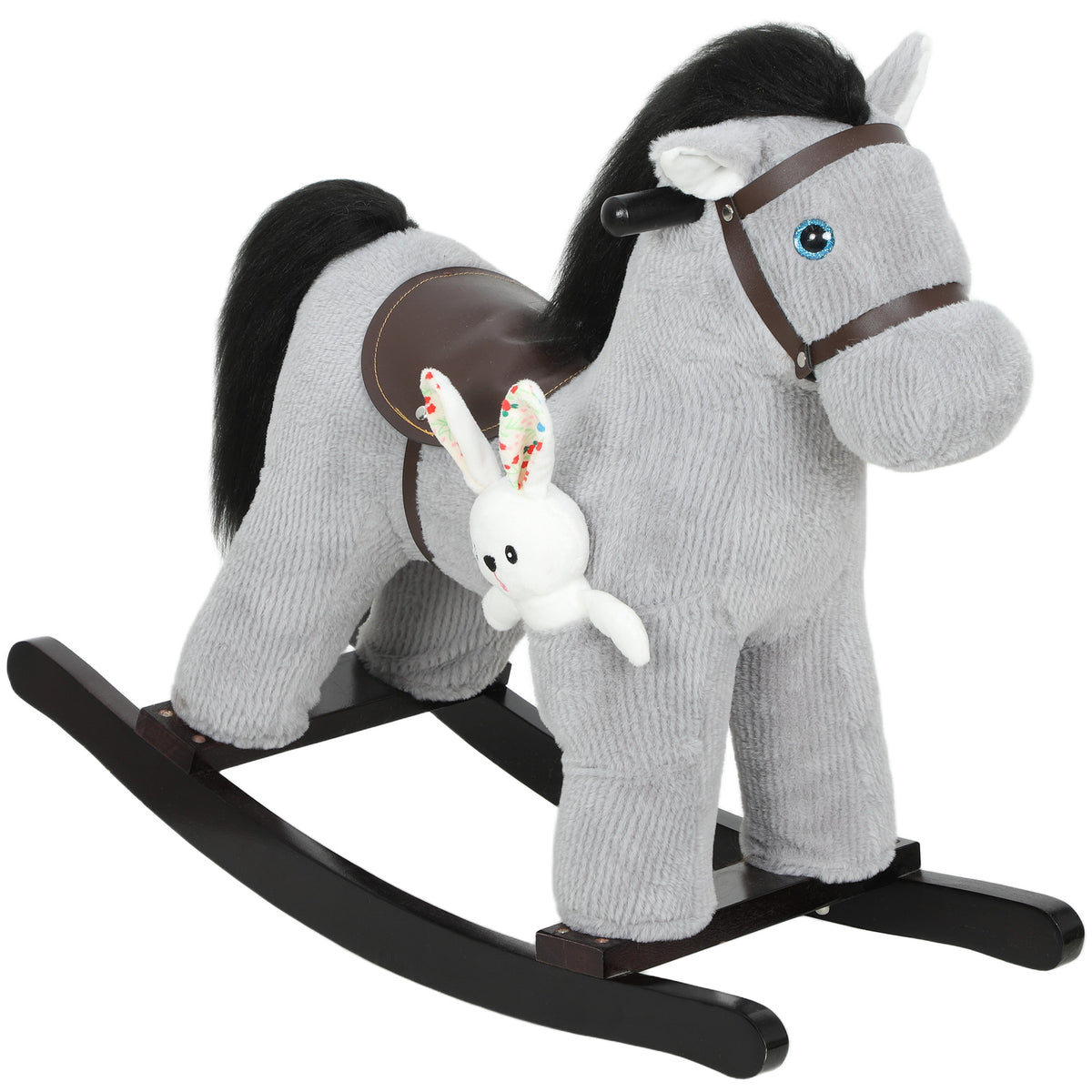 Cheval à bascule pour enfants, jouet à bascule bébé en peluche avec eouetffet sonore et poupée, 71 x 26 x 55 cm, gris