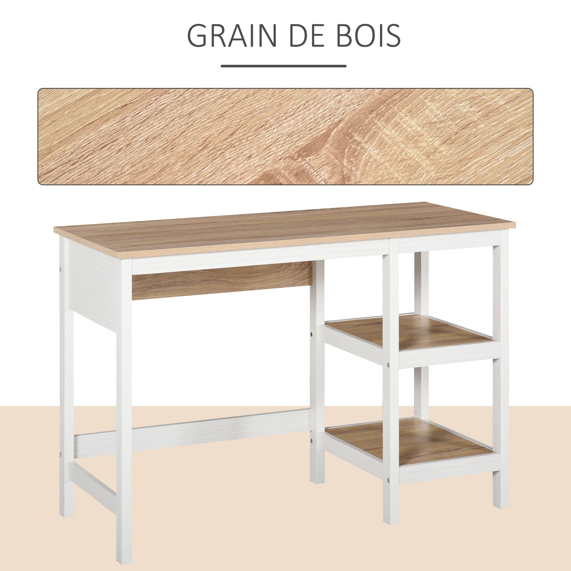 Multimedia informatikako mahaia, 110L x 48l x 76H cm, 2 alboko apal, MDF E1, haritz argia eta zuria