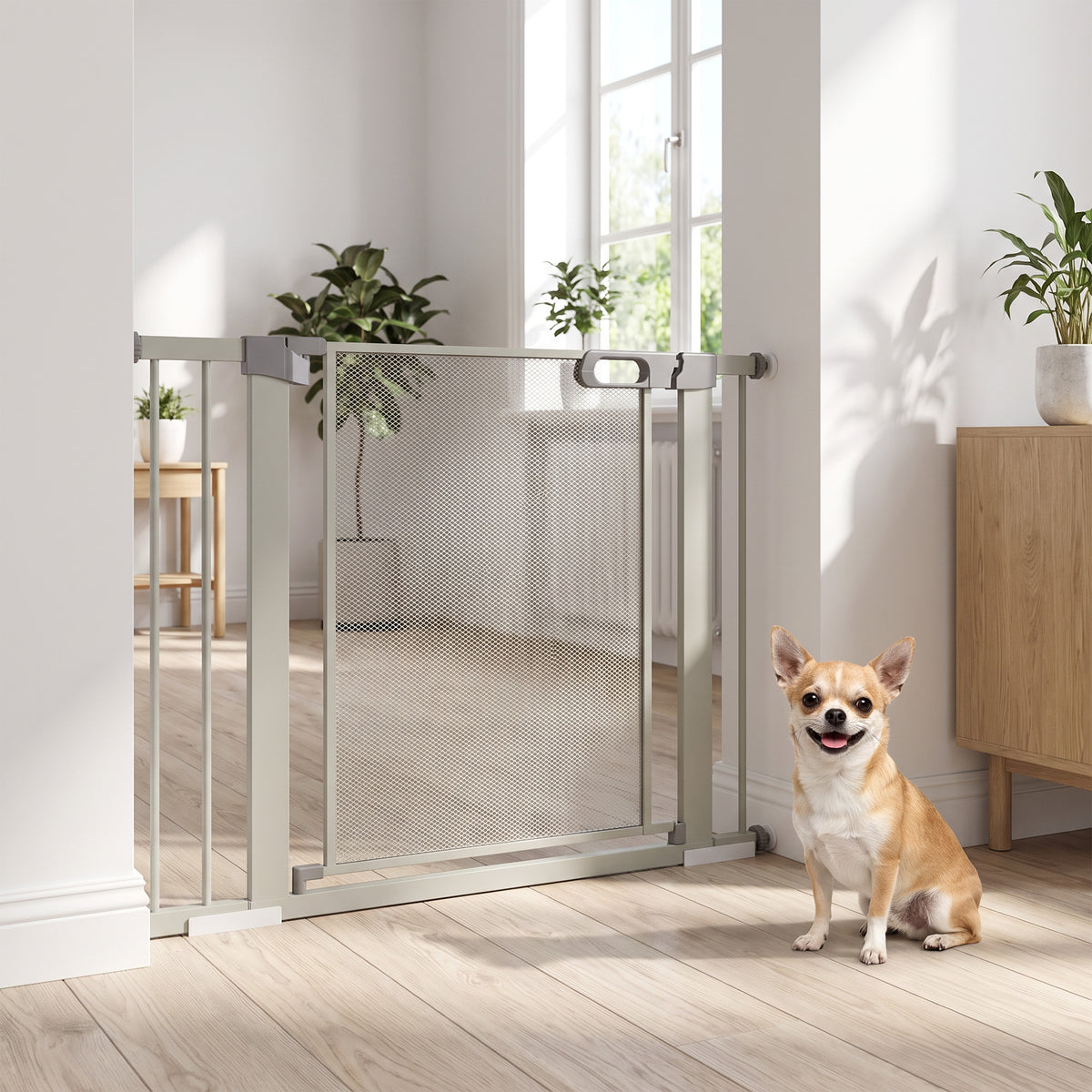 Barrière de sécurité pour animaux domestique avec fermeture automatique double verrouillage largeur 75-103 cm gris