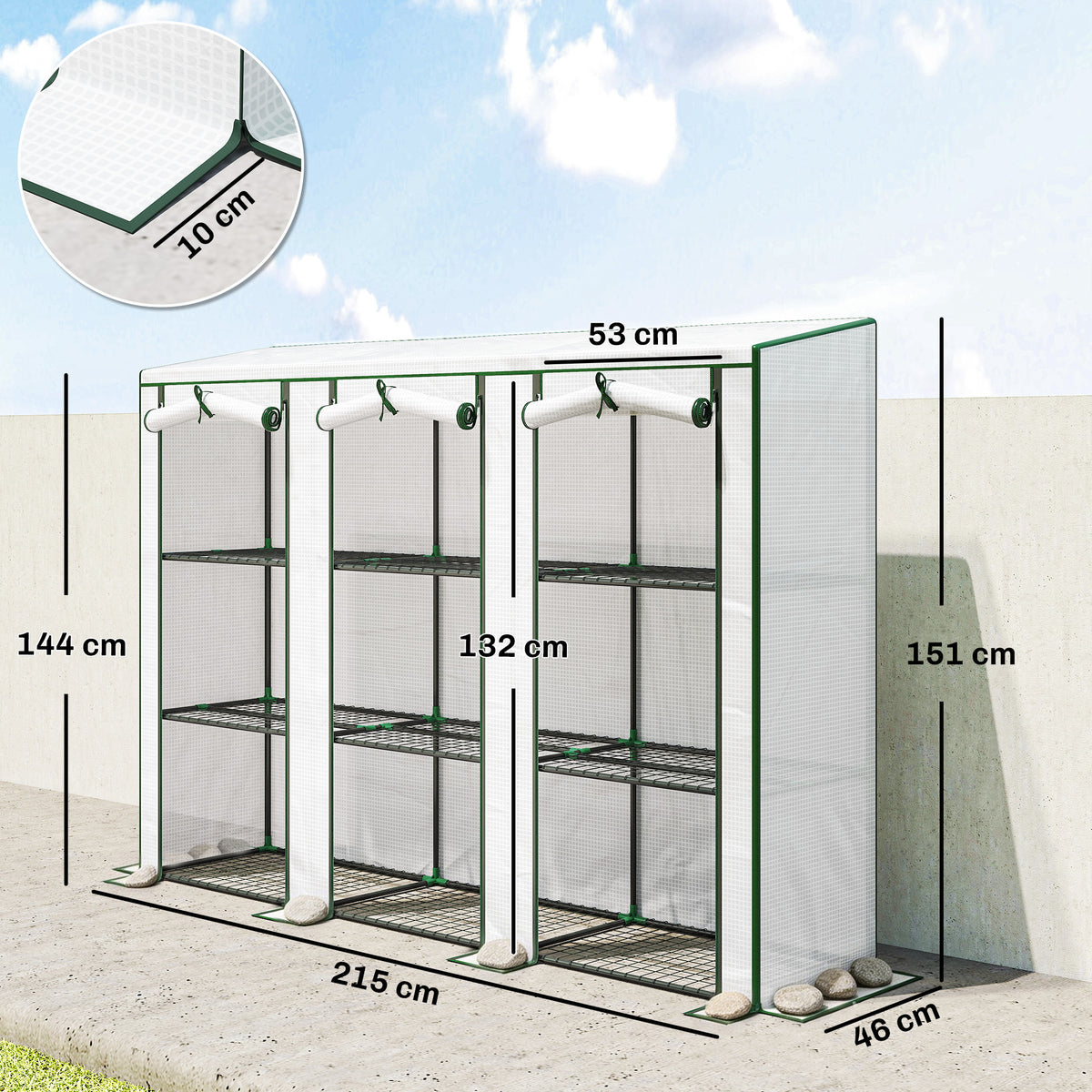 Serre de jardin avec étagères à 3 niveaux serre de balcon 3 portes enroulables zippées 215 x 46 x 151 cm blanc