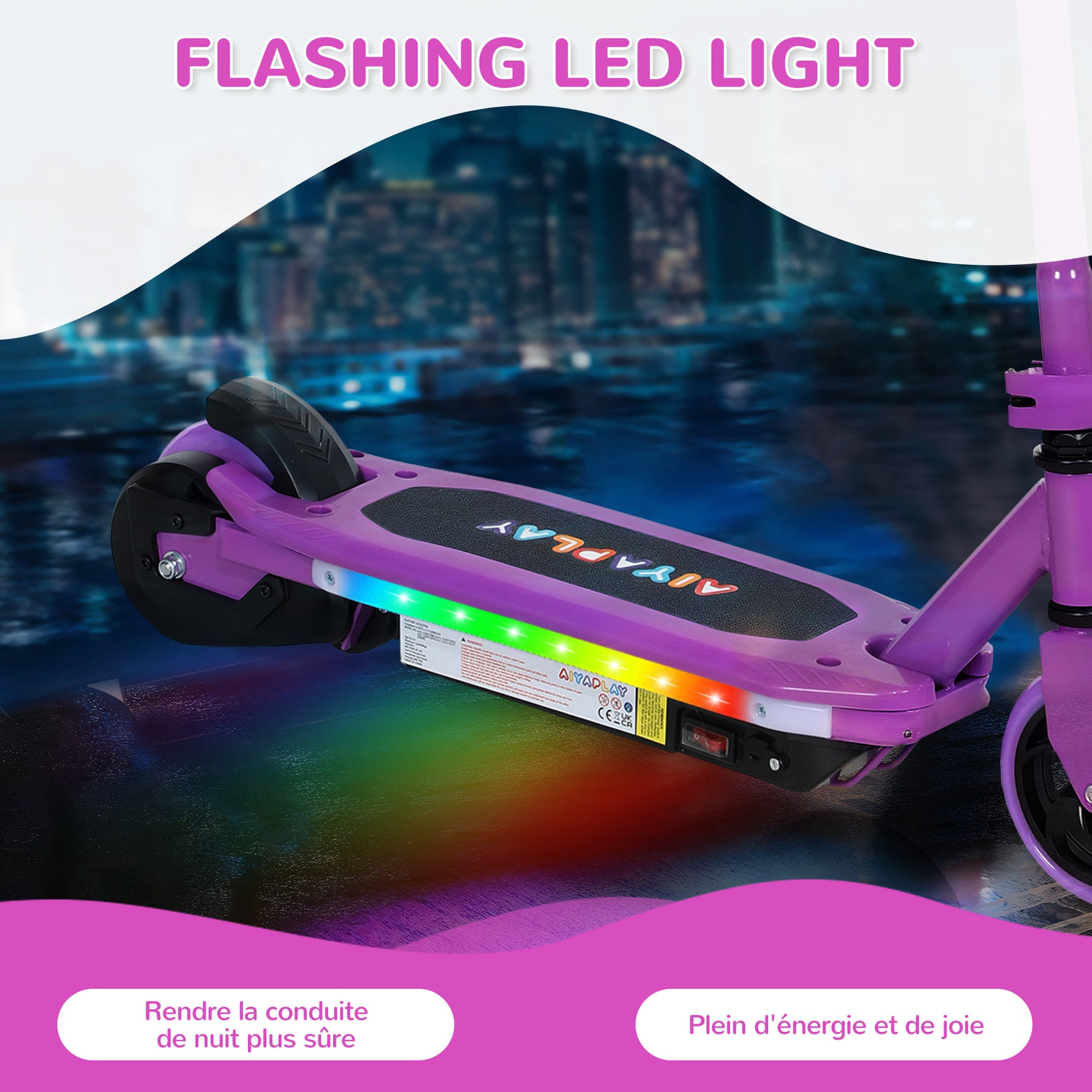 Trottinette électrique pour enfants 6-14 ans, vitesse maximale 10 km/h, lumières LED colorées, frein électrique, violet