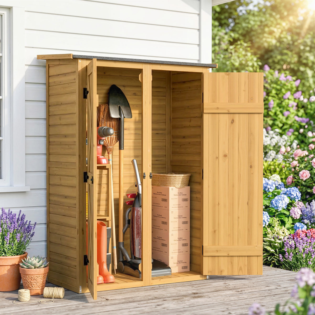 Cobertizo de almacenamiento de madera, caseta de jardín con 2 estantes, marrón