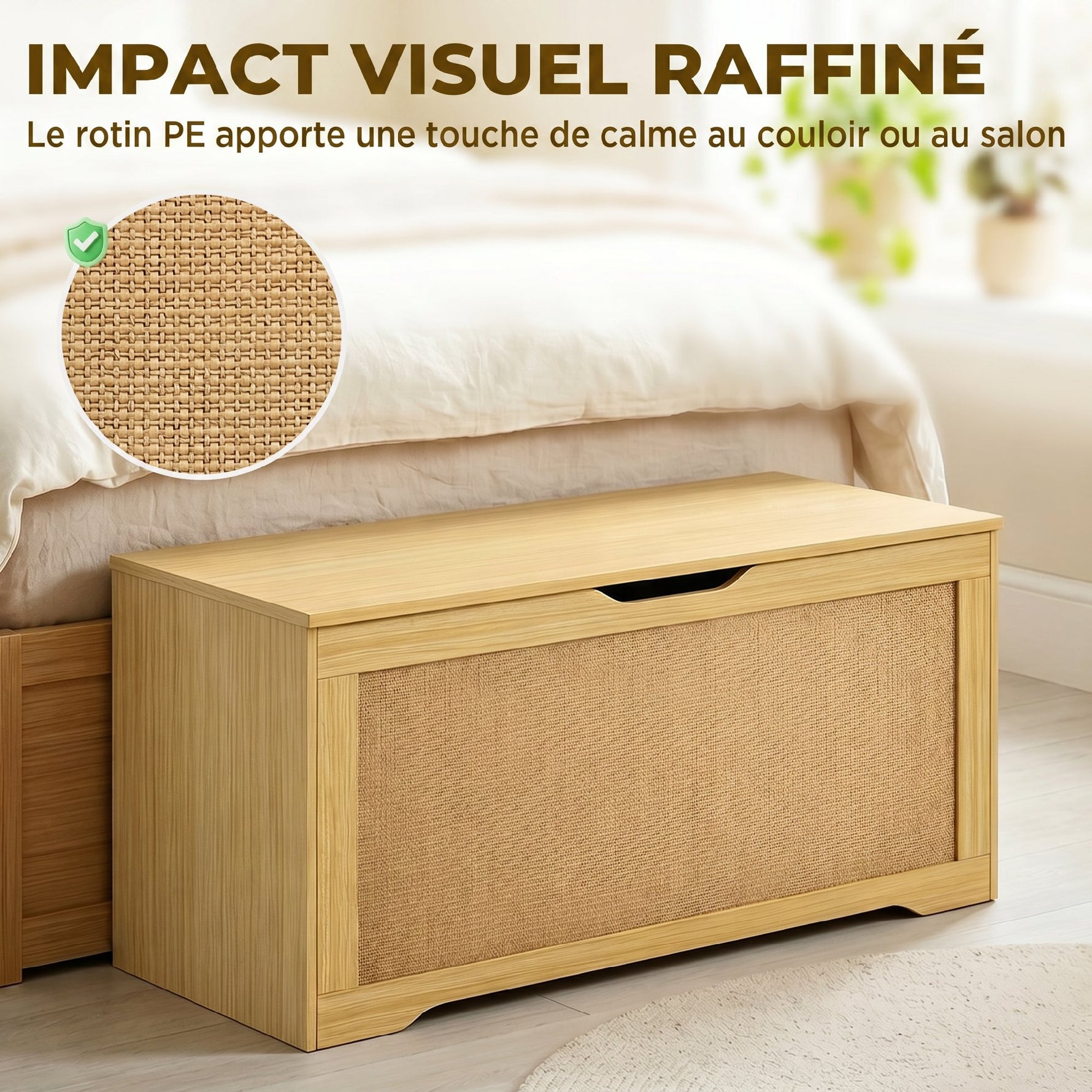 Coffre de Rangement en Rotin 136L, Banc Coffre avec Couvercle Relevable et 2 Charnières de Sécurité, Chêne