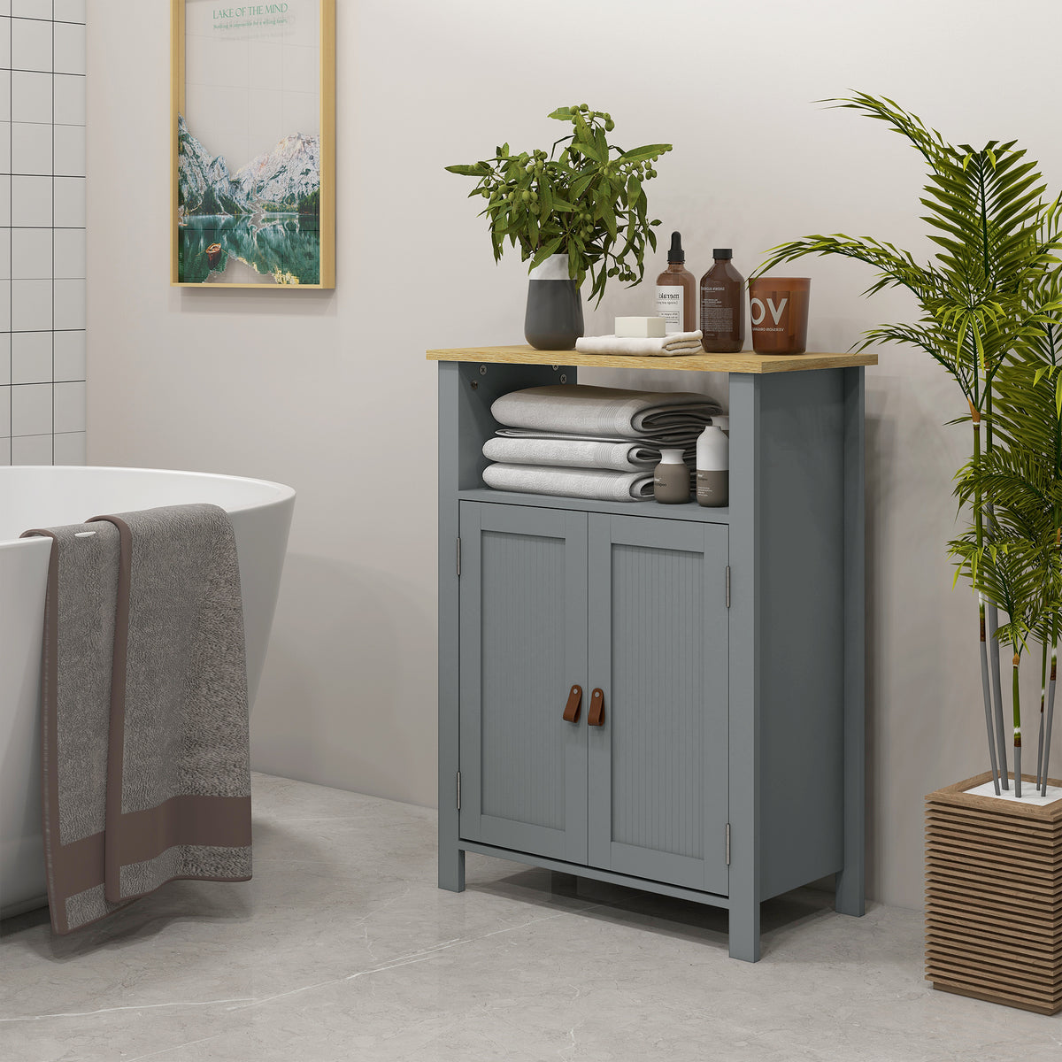 Meuble bas de salle de bain multi-rangements grande niche placard double porte gris et naturel
